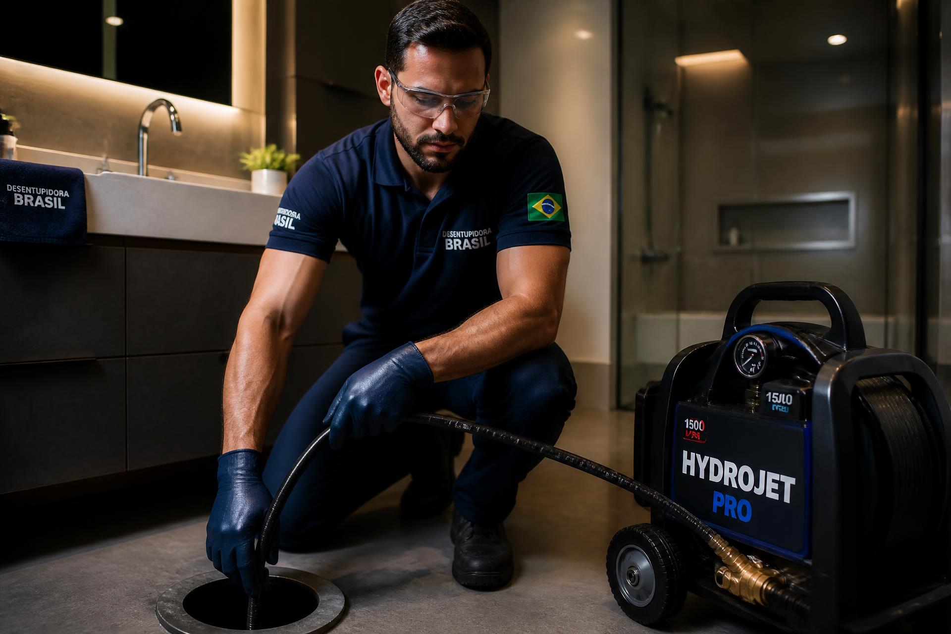 Técnico de desentupidora realizando hidrojateamento em ralo residencial