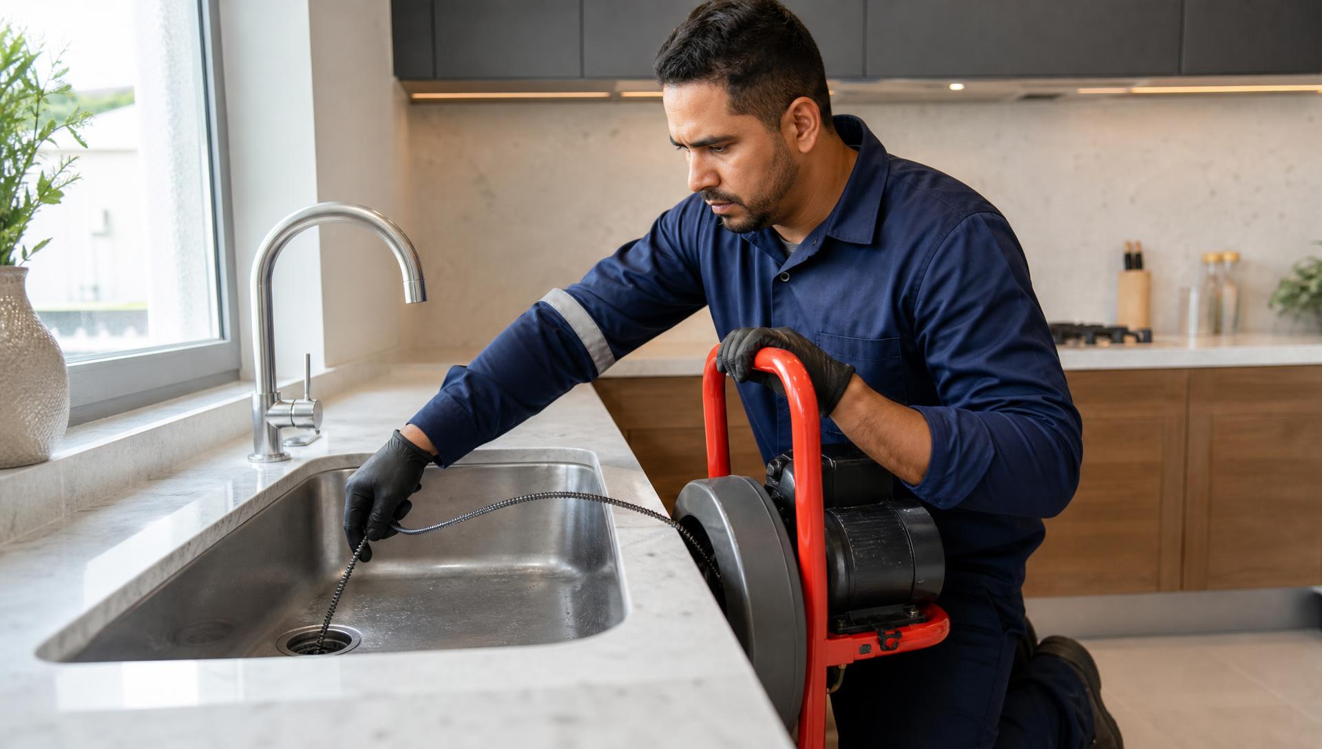 Técnico da desentupidora trabalhando com equipamento profissional em Guarulhos